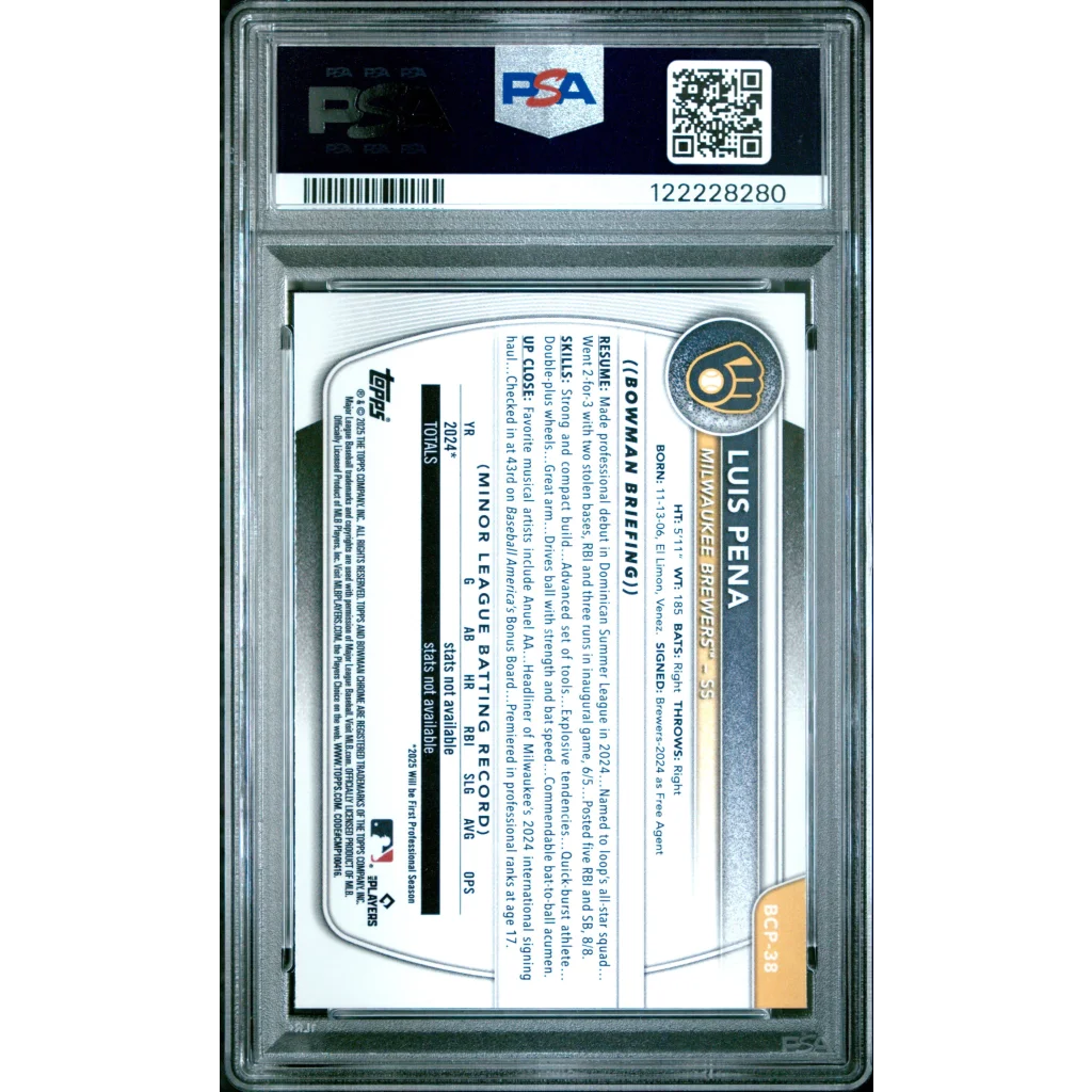 Graded PSA 9 2025 Topps Bowman Luis Pena rookie card in slab
