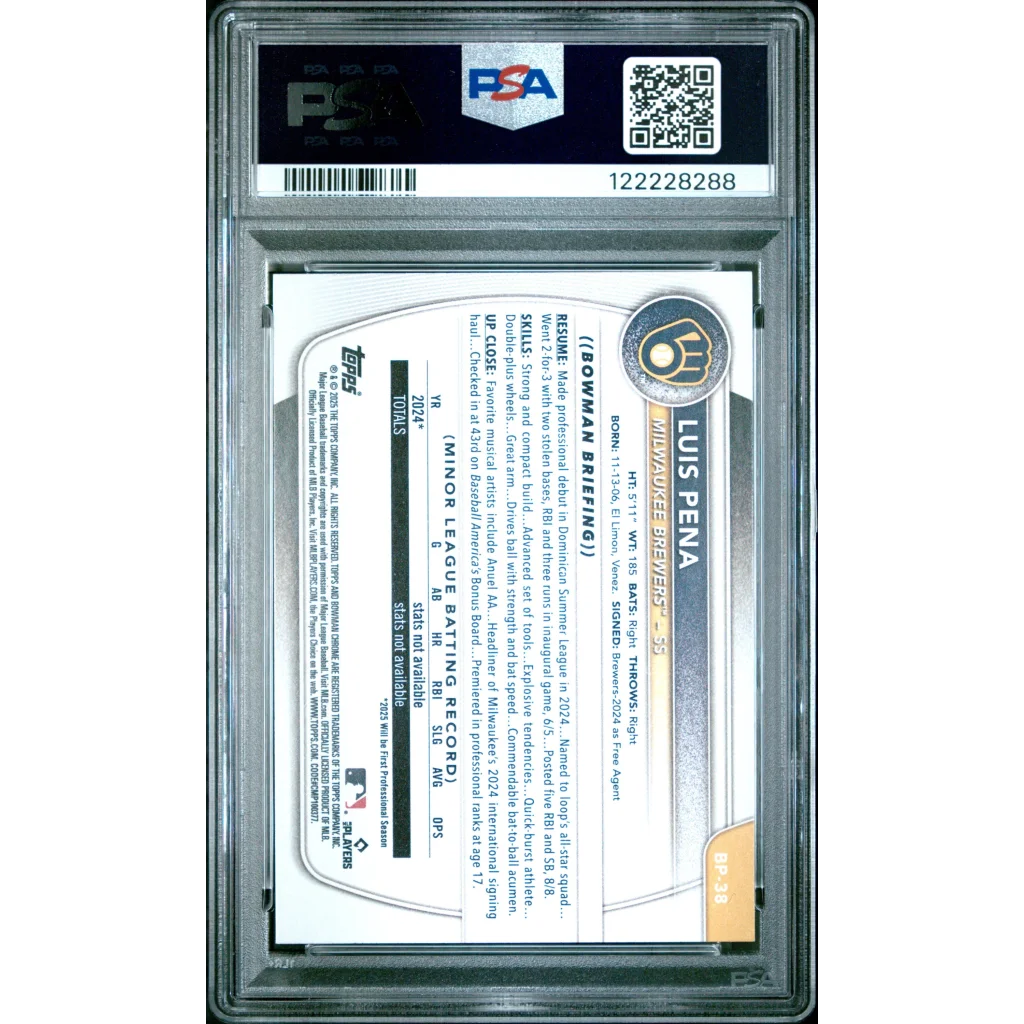 PSA 10 Graded 2025 Topps Bowman Luis Pena Rookie Card #BP38