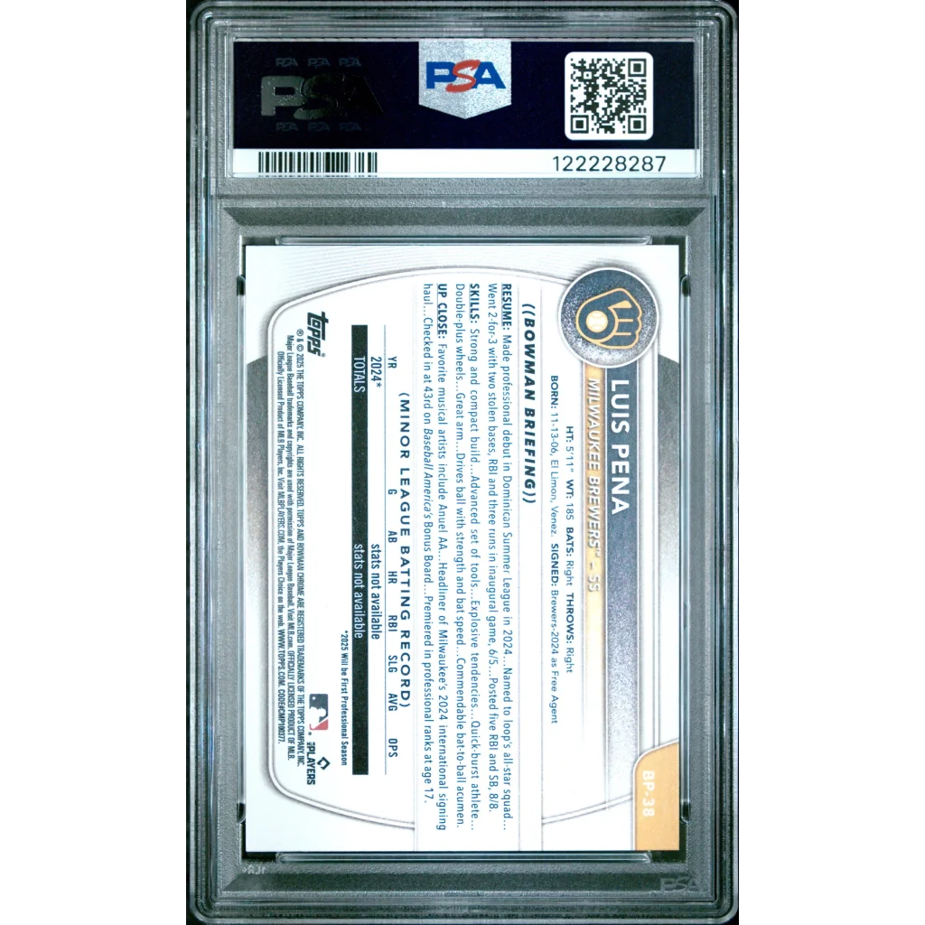 Graded 2025 Topps Bowman Luis Pena #BP38 Paper Prospects Rookie RC Baseball Card PSA 8 Near Mint | PSA 8 NM-MT Graded Rookie Card | vintageantiquesgifts.com