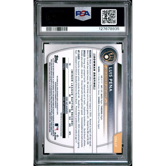Graded 2025 Topps Bowman Luis Pena #CPALP Chrome Prospects Autograph Rookie RC Baseball Card PSA 9 Mint | PSA 9 Mint Graded Rookie Card | vintageantiquesgifts.com