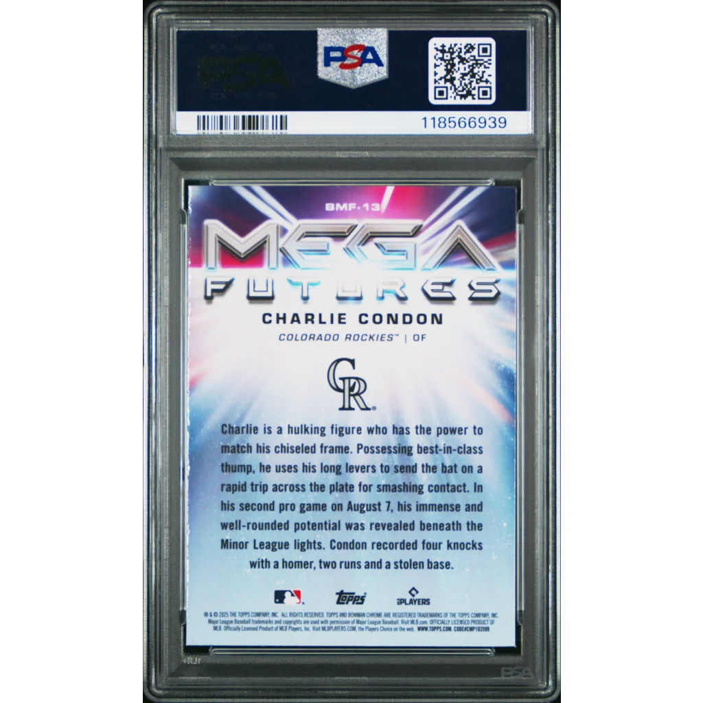 Graded 2025 Topps Bowman Mega Box Charlie Condon #BMF13 Mega Futures Rookie RC Baseball Card PSA 10 Gem Mint | PSA 10 Gem Mint Graded Rookie Card | vintageantiquesgifts.com