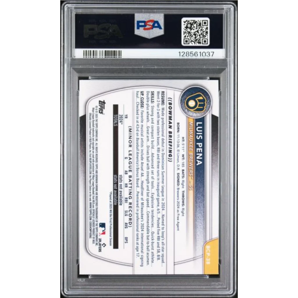 Graded 2025 Topps Bowman Mega Box Luis Pena #38 Prospects Fuschia Refractor /299 Rookie RC Baseball Card PSA 10 Gem Mint | PSA 10 Gem Mint Graded Rookie Card | vintageantiquesgifts.com
