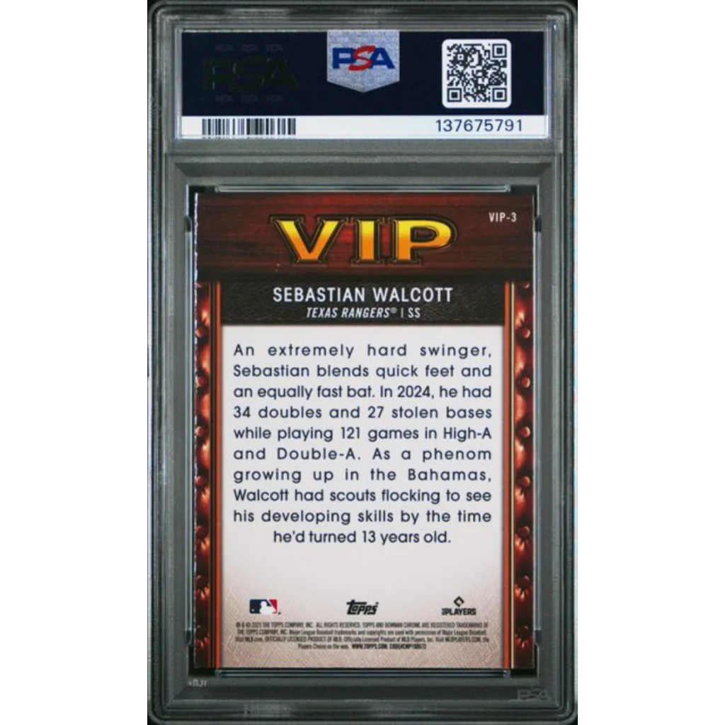 PSA 10 Graded 2025 Topps Bowman Sebastian Walcott VIP-3 Rangers RC Card