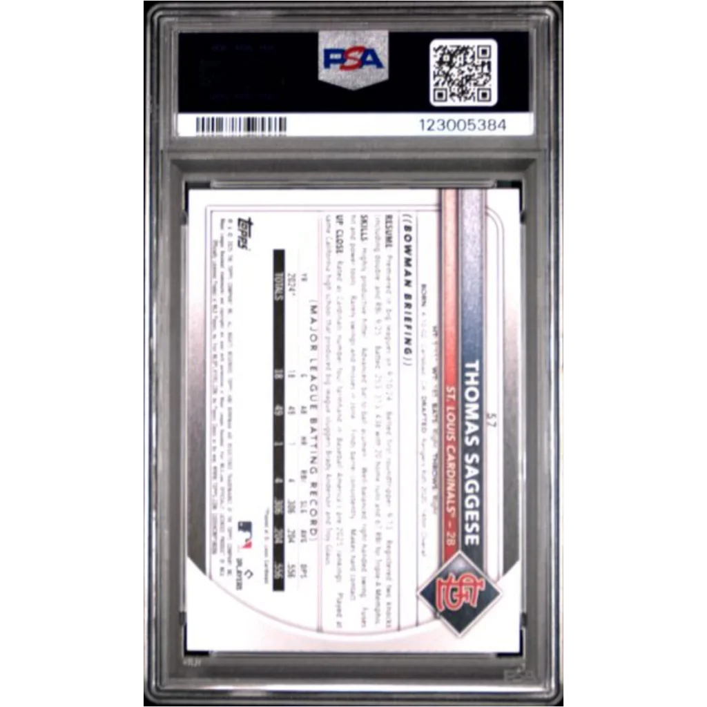 Graded 2025 Topps Bowman Thomas Saggese #57 Rookie RC Baseball Card PSA 10 Gem Mint | PSA 10 Gem Mint Graded Rookie Card | vintageantiquesgifts.com