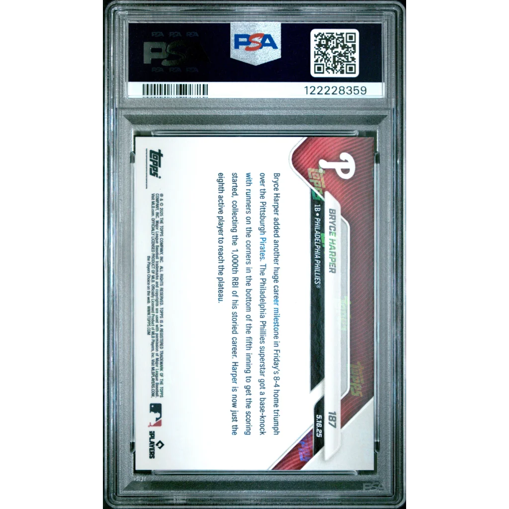 Graded 2025 Topps Now Bryce Harper #187 Orange Foil /25 PSA 9 Mint Card in Slab