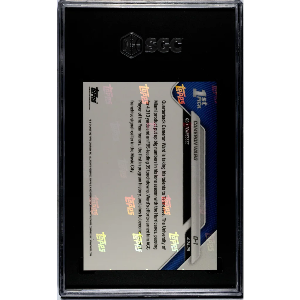 Graded 2025 Topps Now Cam Ward #D1 Rookie RC Football Card SGC 9.5 Mint+ | SGC 9.5 Mint+ Graded Rookie Card | vintageantiquesgifts.com