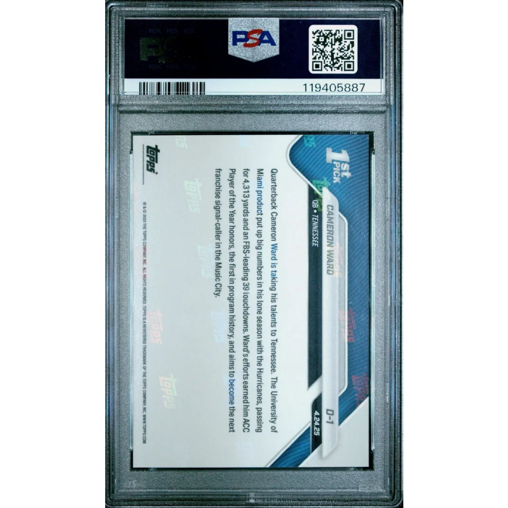 Graded 2025 Topps Now Cam Ward #D1 1st University of Miami QB Drafted Number 1 Since '87 Rookie RC Football Card PSA 10 Gem Mint | PSA 10 Gem Mint Graded Rookie Card | vintageantiquesgifts.com