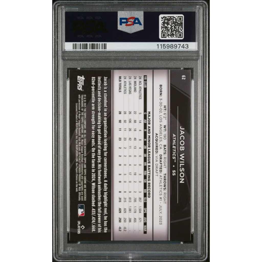 Graded PSA 10 2025 Topps Chrome Black Jacob Wilson #62 Rookie Card in Slab