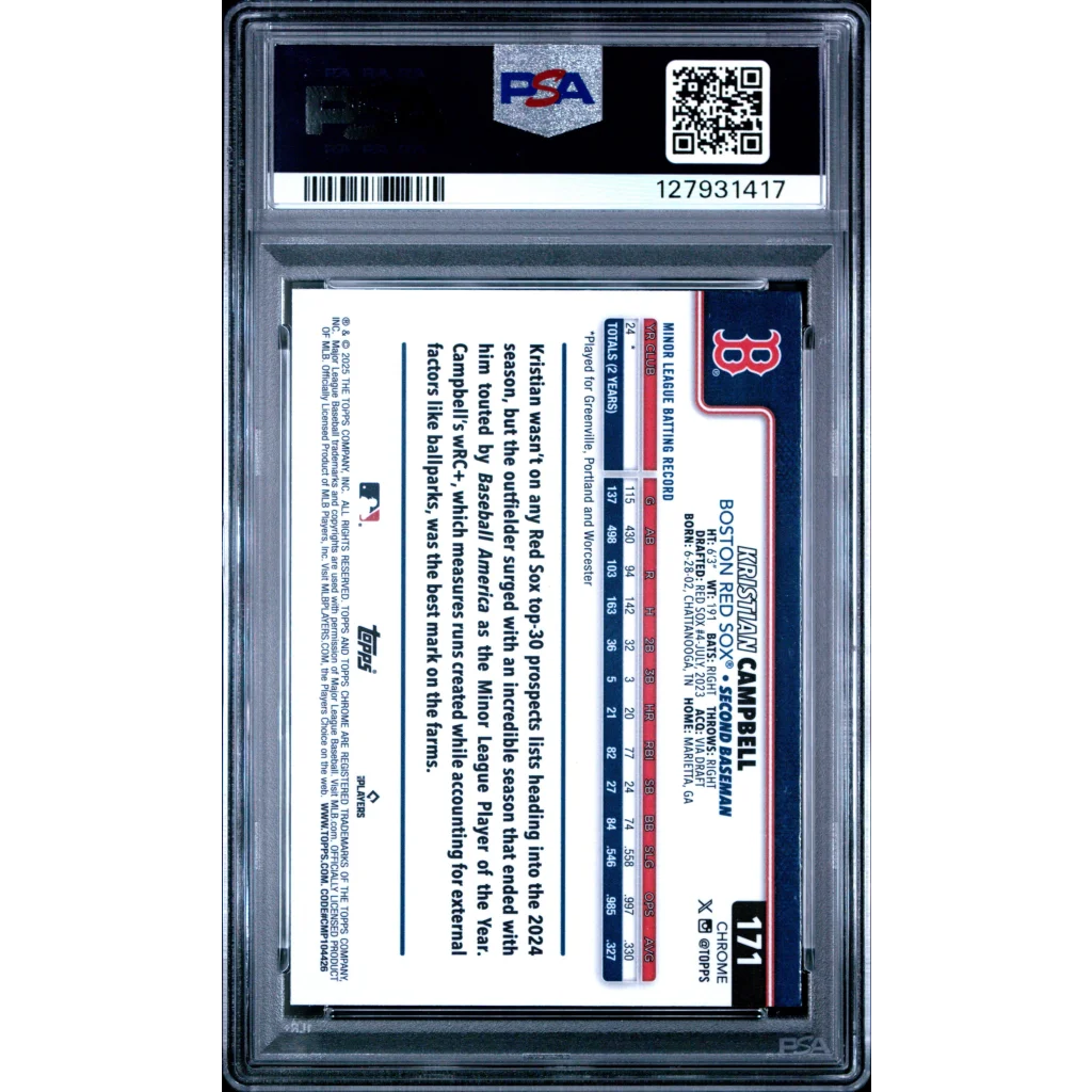 Graded 2025 Topps Chrome Kristian Campbell #171 Sepia Refractor Rookie RC Baseball Card PSA 8 Near Mint | PSA 8 NM-MT Graded Rookie Card | vintageantiquesgifts.com