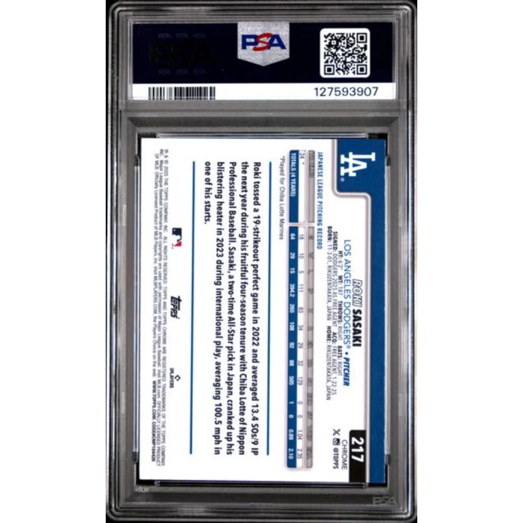 Graded 2025 Topps Chrome Roki Sasaki #217 Raywave Rookie RC Baseball Card PSA 10 Gem Mint | PSA 10 Gem Mint Graded Rookie Card | vintageantiquesgifts.com