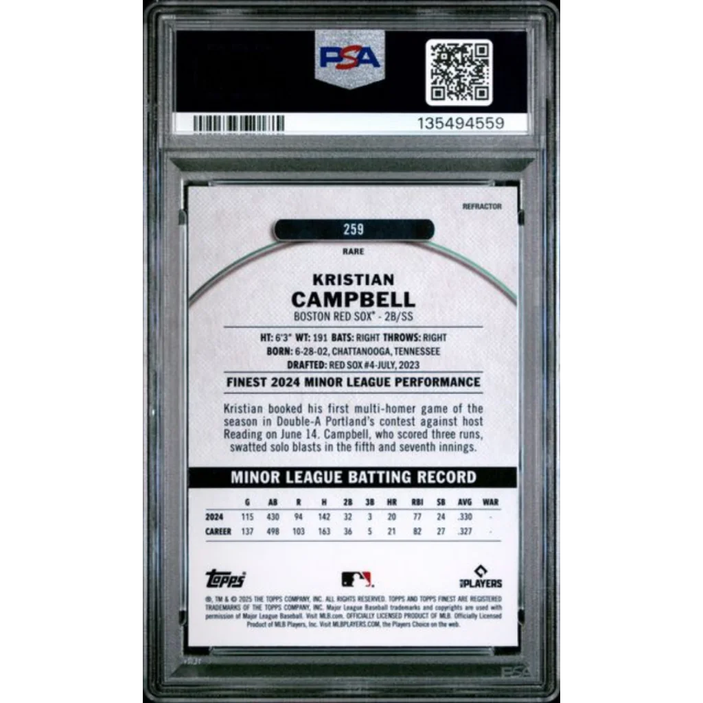 Graded 2025 Topps Finest Kristian Campbell #259 Refractor Rookie RC Baseball Card PSA 10 Gem Mint | PSA 10 Gem Mint Graded Rookie Card | vintageantiquesgifts.com