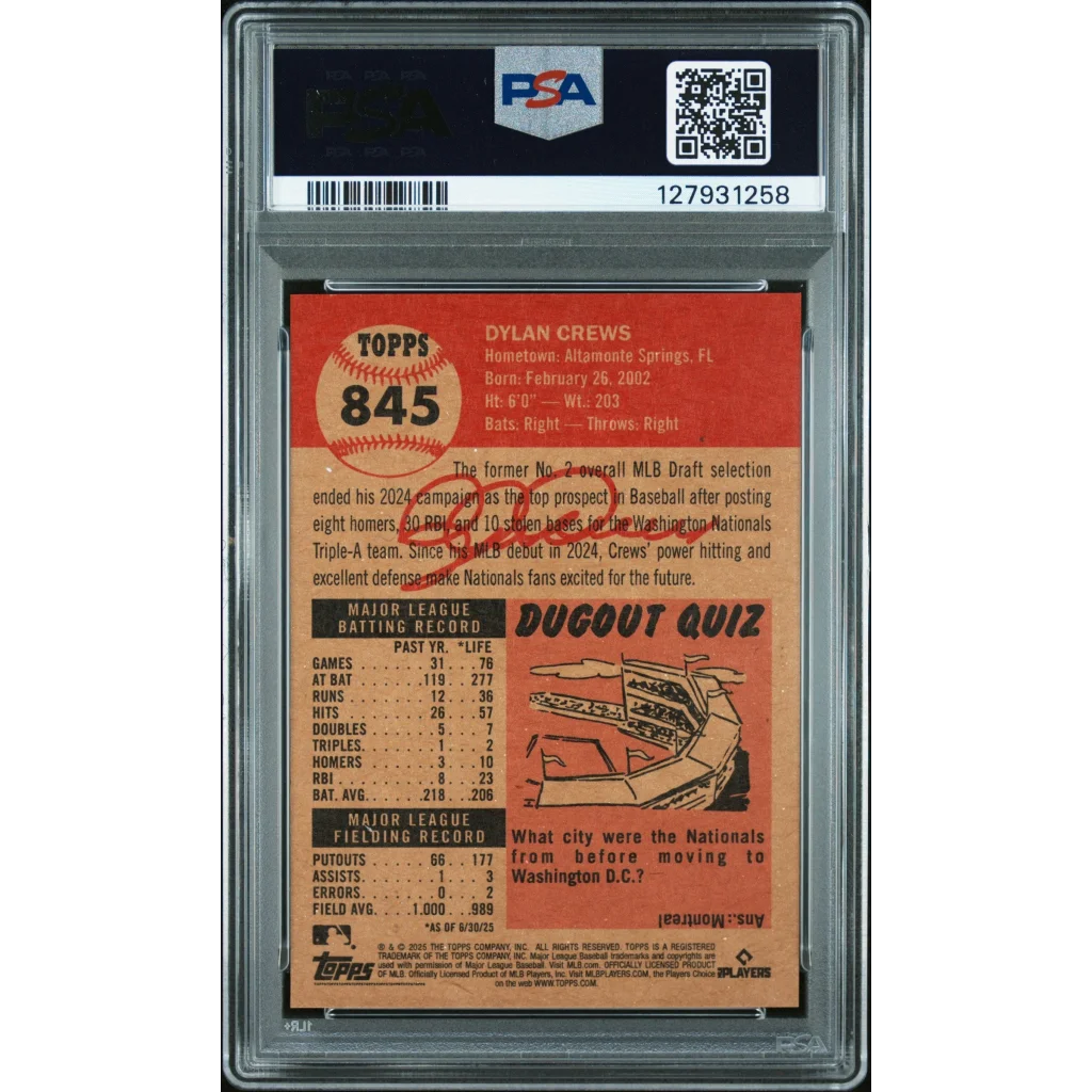 Graded 2025 Topps Living Dylan Crews #845 Rookie RC Baseball Card PSA 9 Mint