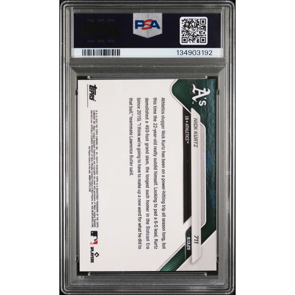 Back of PSA 10 Graded 2025 Topps Now Nick Kurtz #711 Rookie RC Baseball Card