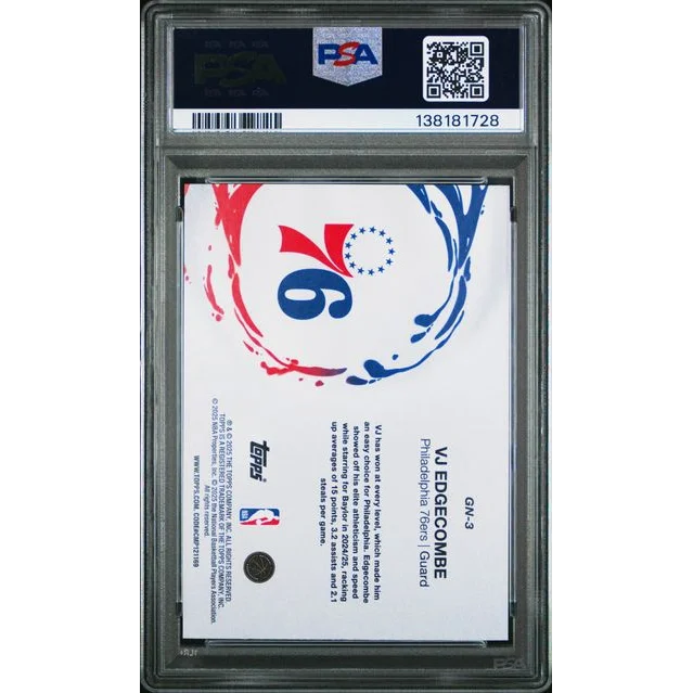 Graded 2025 Topps VJ Edgecombe #GN3 Rookie PSA 10 in 76ers slab