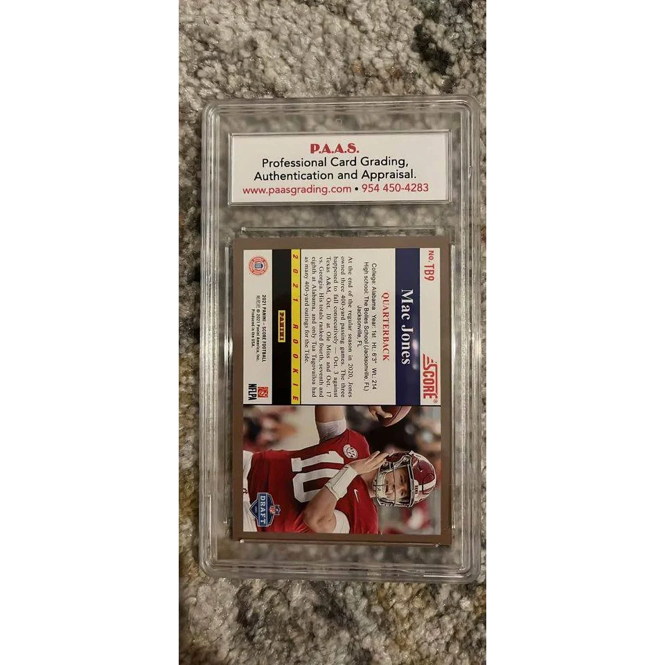 Graded Mac Jones rookie football card from 2021 in collectible throwback style