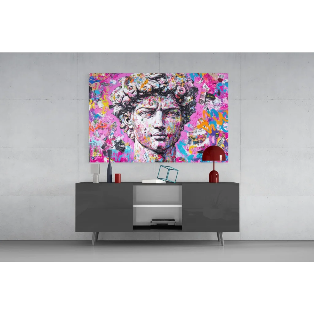 Vibrant graffiti David statue canvas wall art with pink, blue, yellow splatters