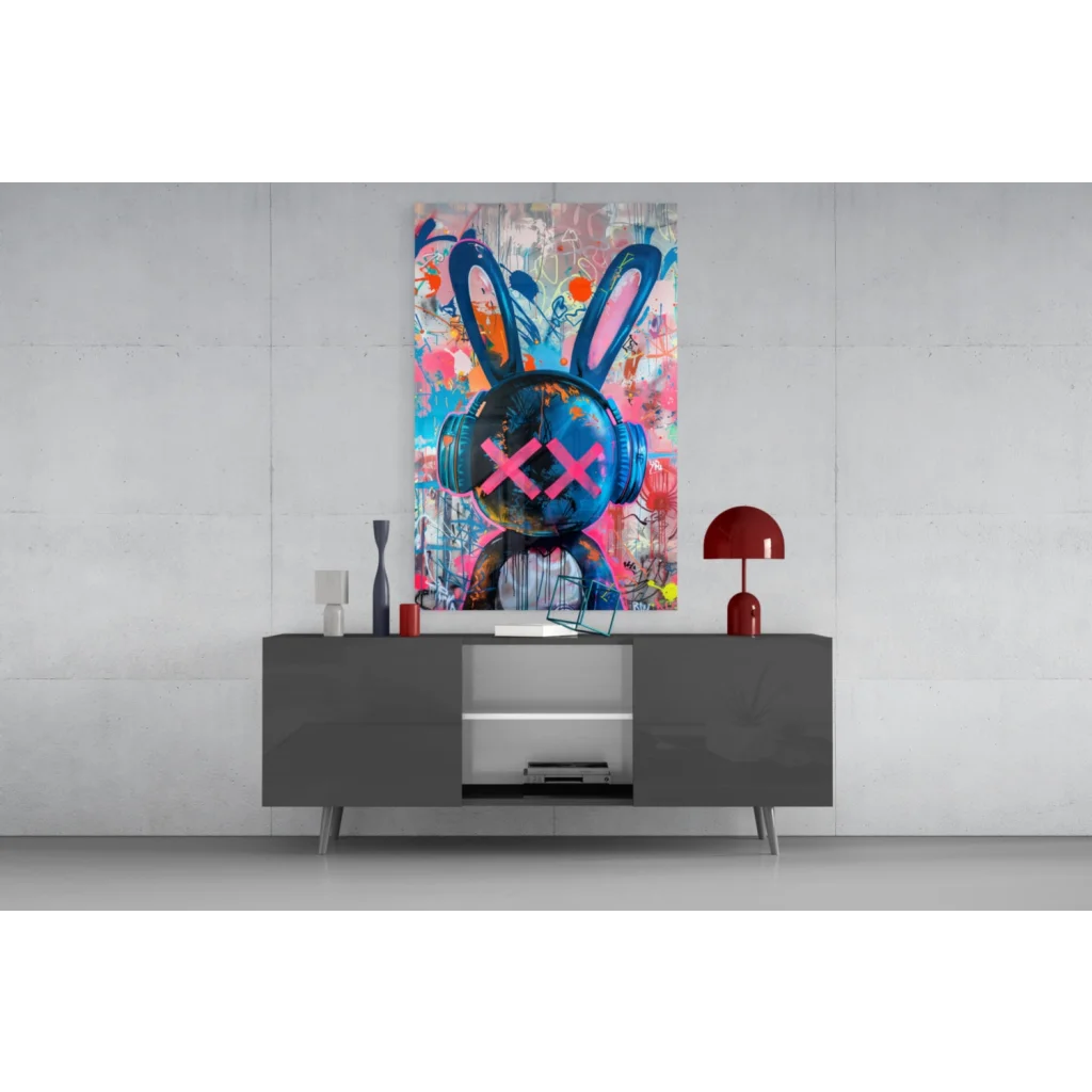 Vibrant urban rabbit beats glass wall art with graffiti rabbit headphones