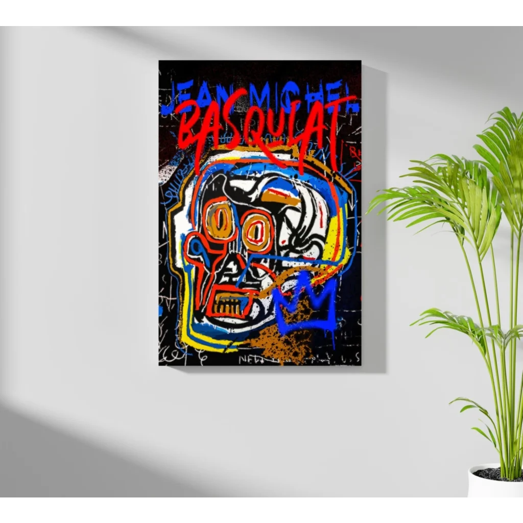 Vibrant graffiti skull canvas print with electric red, yellow, blue pops on black