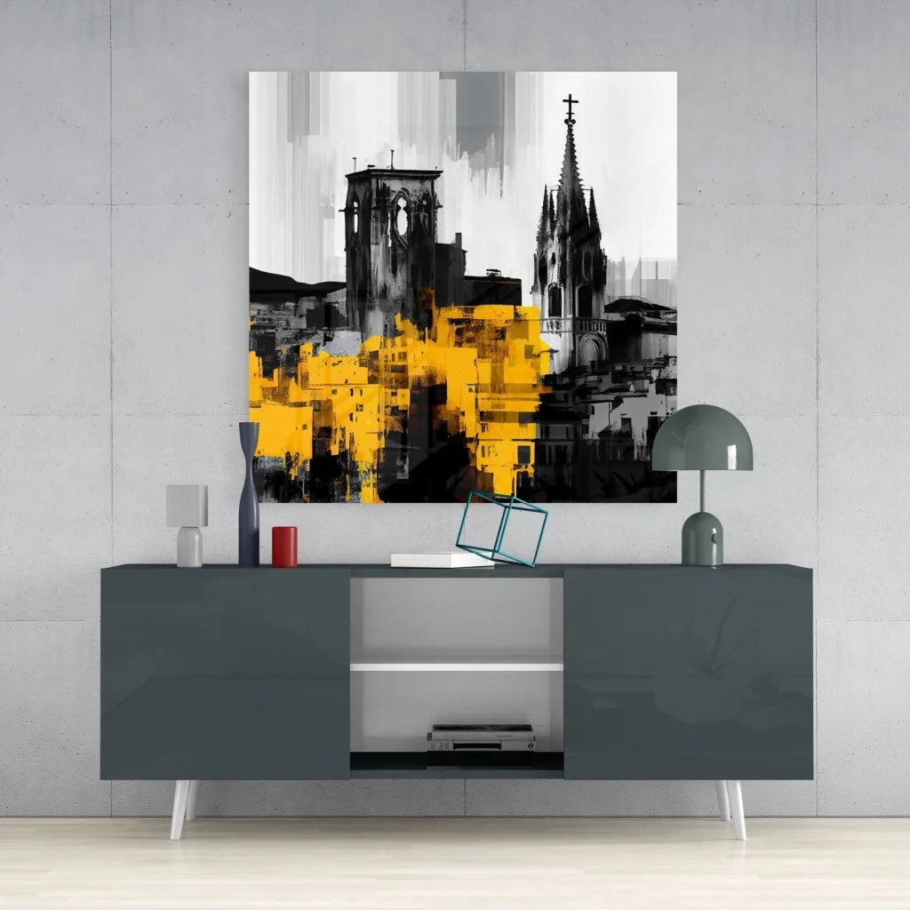 Bold urban tempered glass art: yellow black brushstrokes on gray city canvas