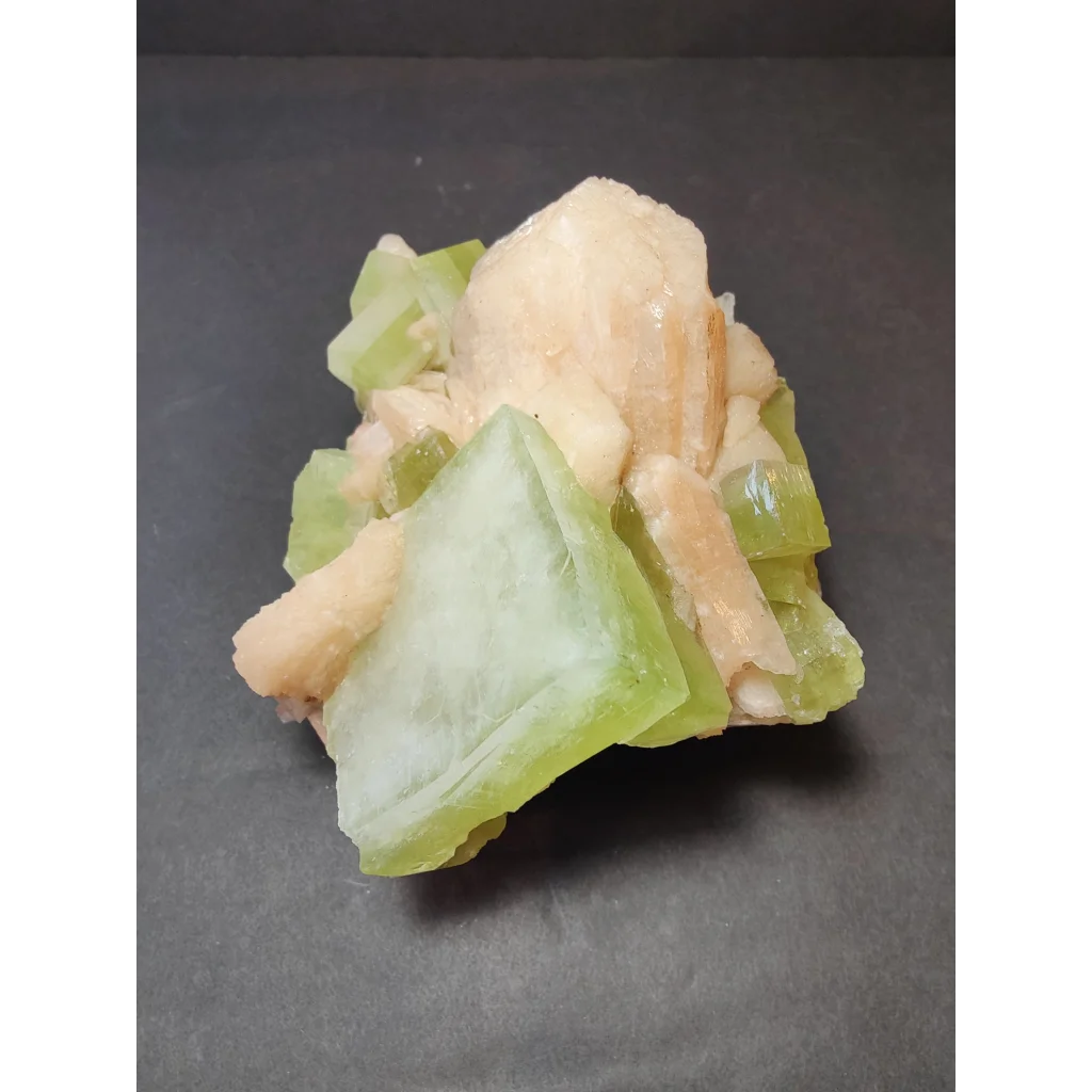 Green apophyllite cubes with peach stilbite specimen, 1,162g