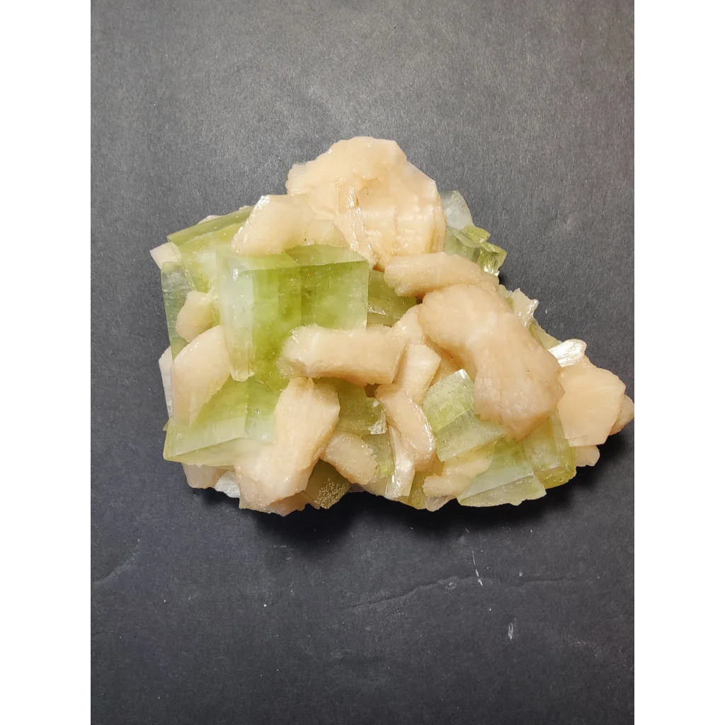 Green apophyllite cubes with peach stilbite specimen, 449g translucent crystals