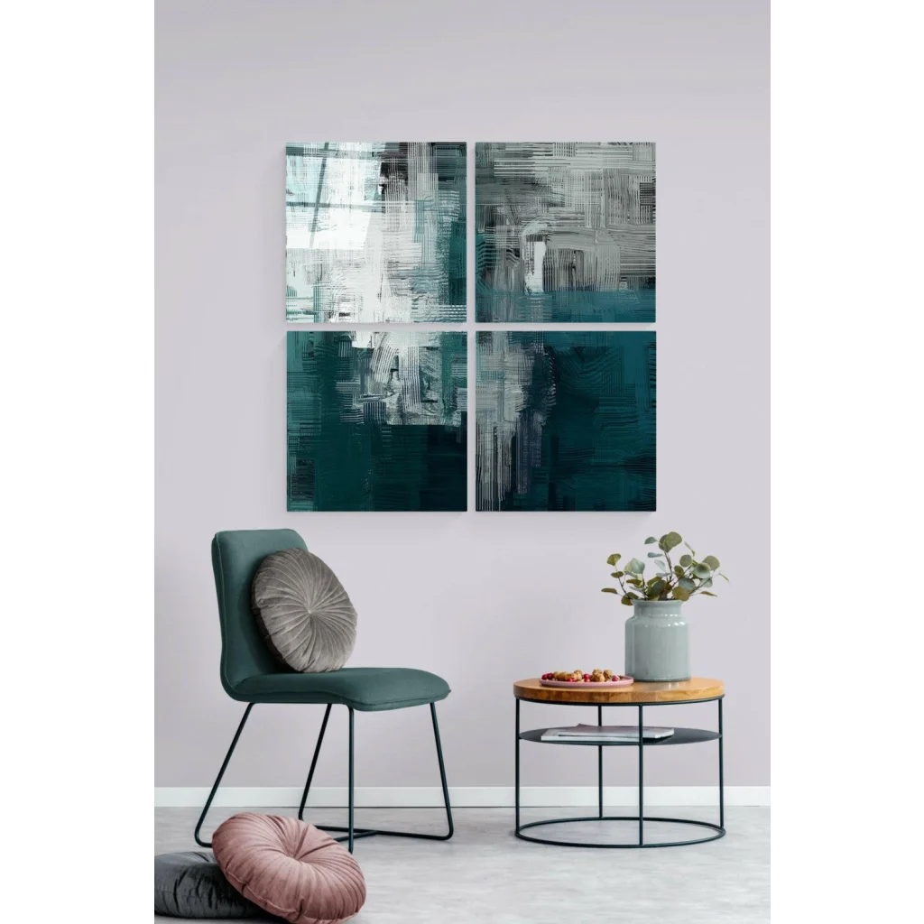 Teal and white abstract glass wall art four panel set in modern interior
