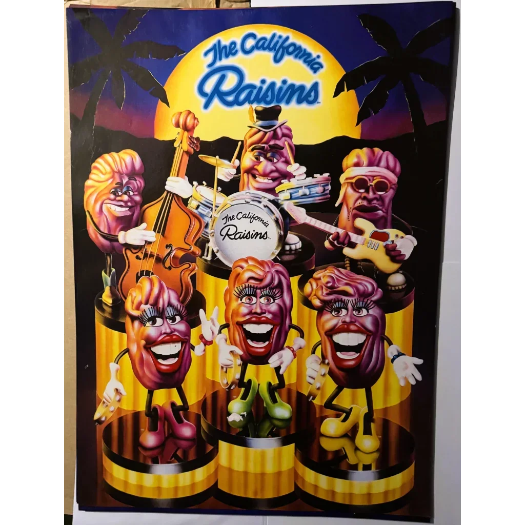 California raisins poster featuring funky 1988 band for music lovers and raisins fans