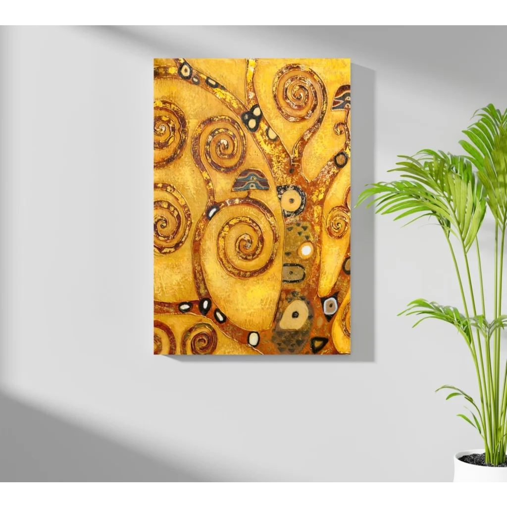 Golden Klimt-inspired abstract aluminum print with swirling patterns and eyes
