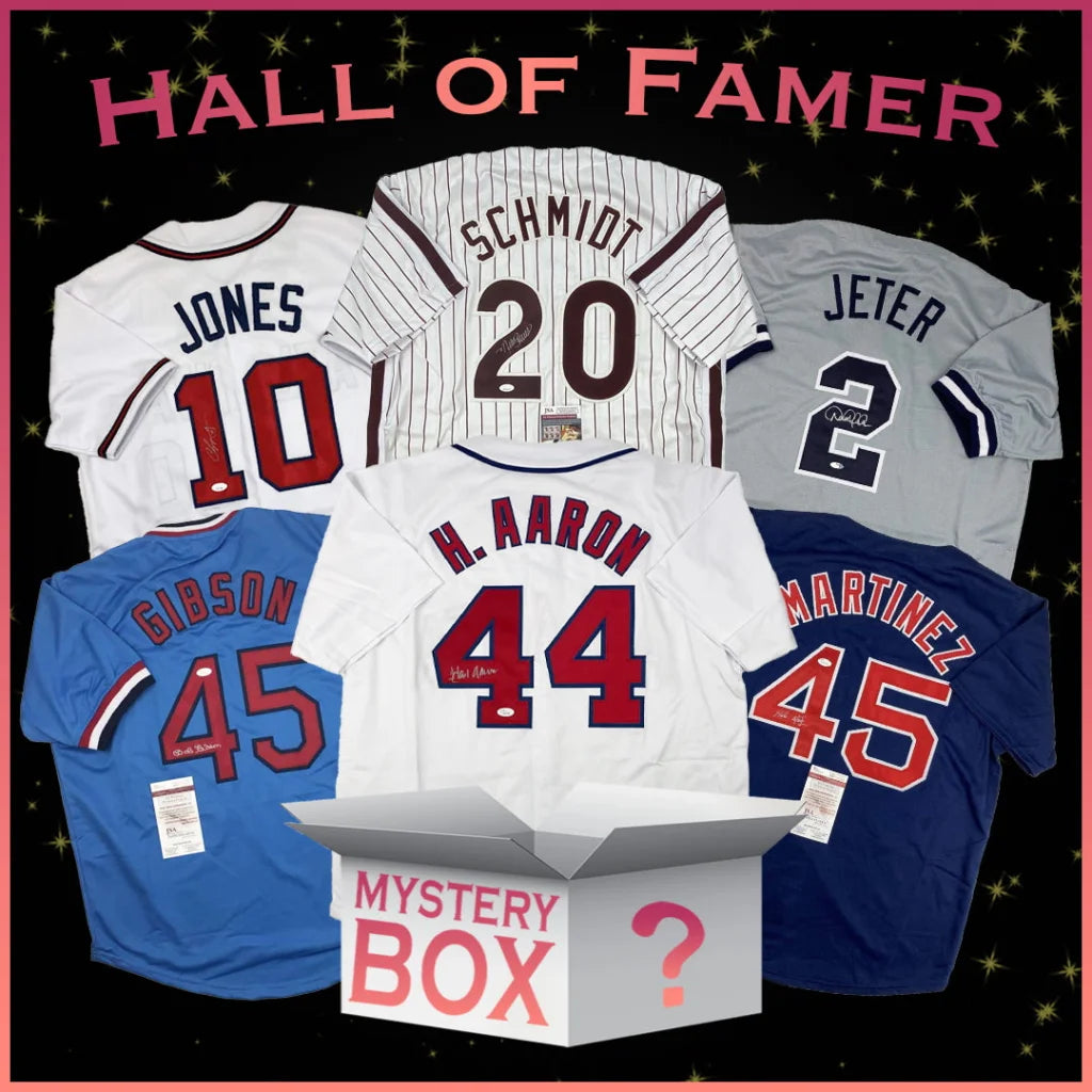 Hall of Famers autographed mystery box with Jeter, Aaron, signed custom jerseys
