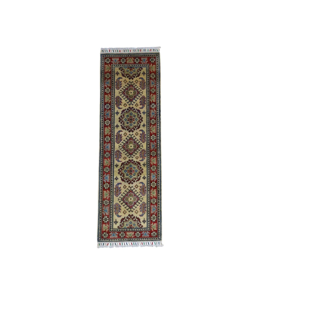 Hand-knotted Afghan Kazak runner rug in beige and red geometric patterns with cotton foundation