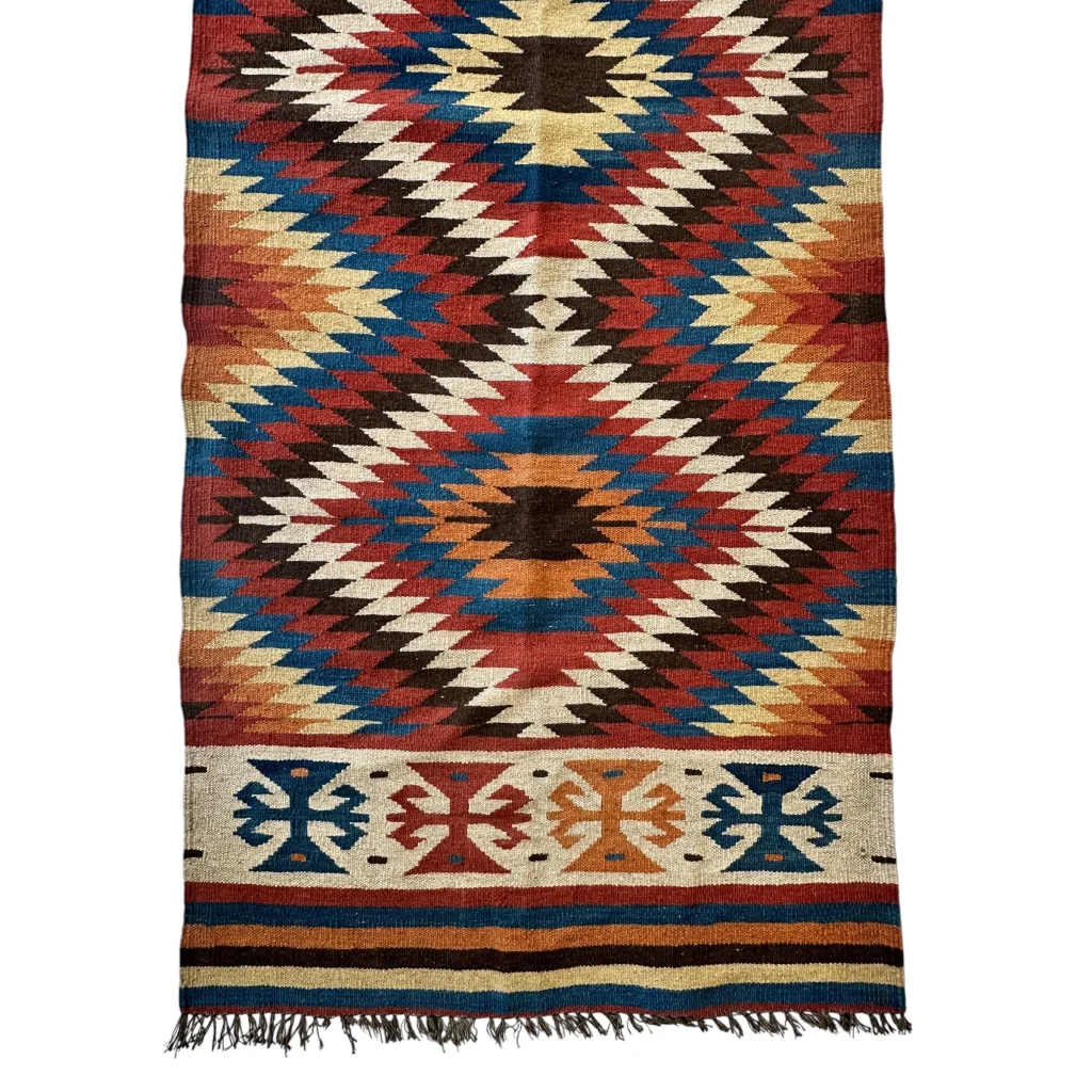 Vibrant geometric design Afghan kilim wool runner rug in red, blue, cream