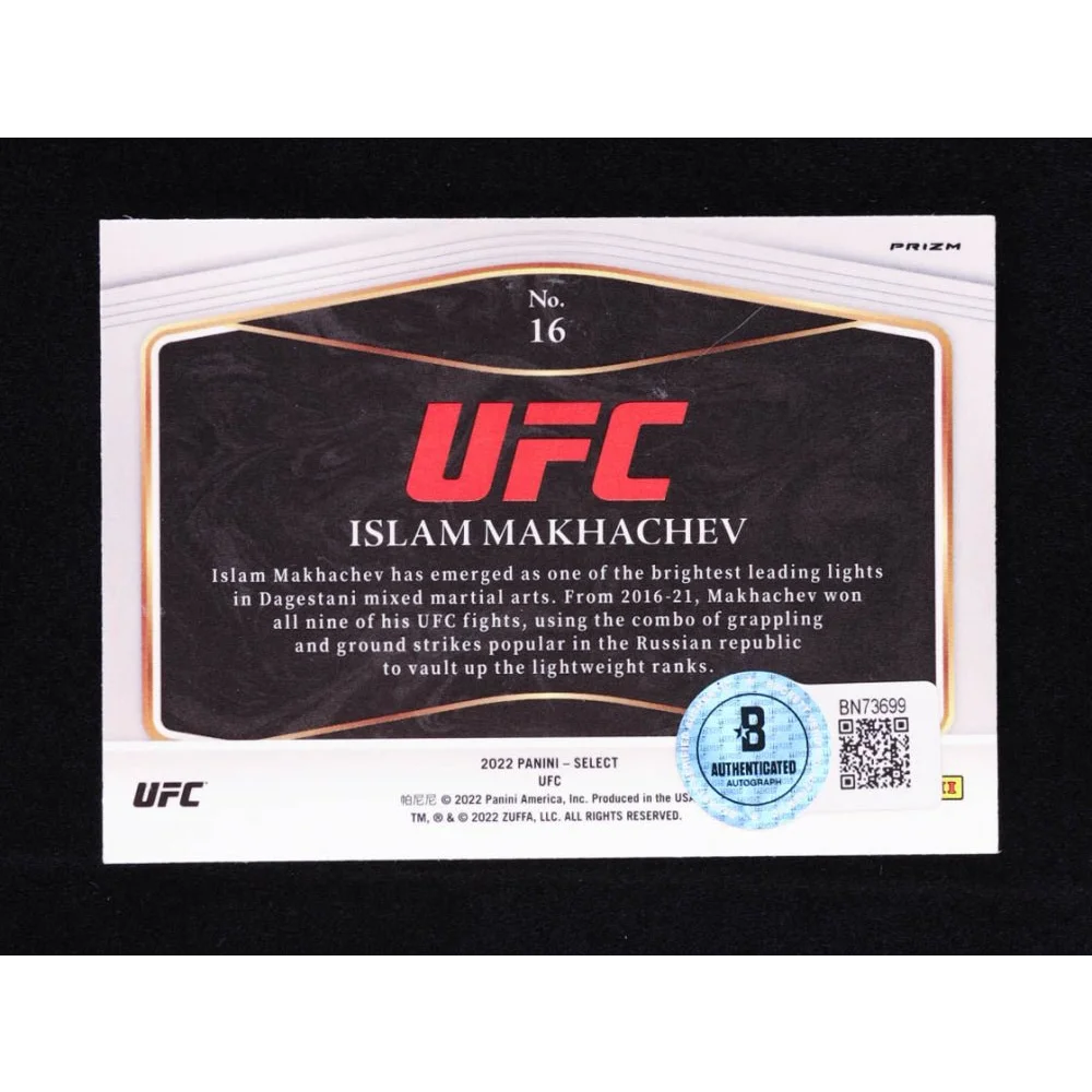 Collectible Islam Makhachev holographic UFC trading card with hand signature and Beckett certification