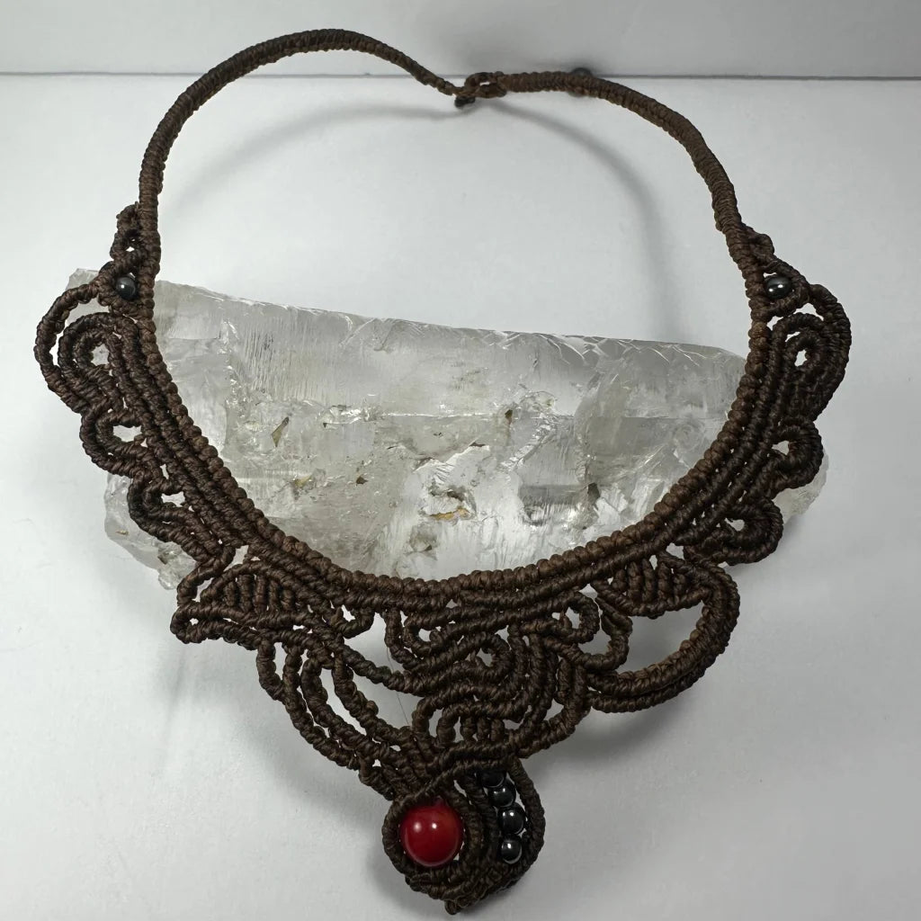 Handwoven macrame choker with coral and hematite from Argentina
