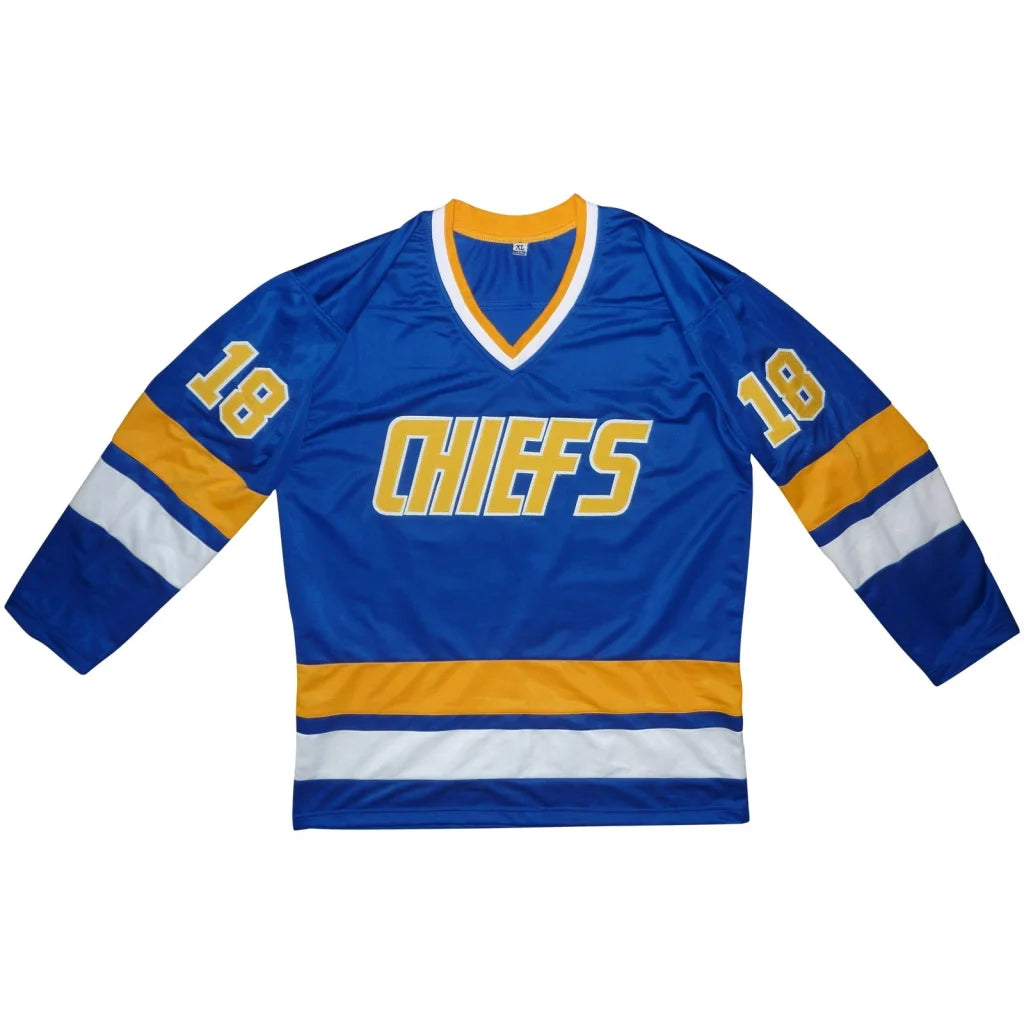 Autographed Hanson Brothers Slap Shot Chiefs blue hockey jersey #18