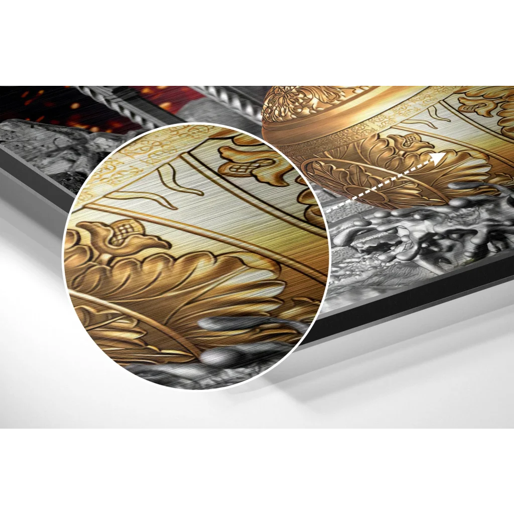 Stunning brushed aluminium dibond art with gold silver floral embossing
