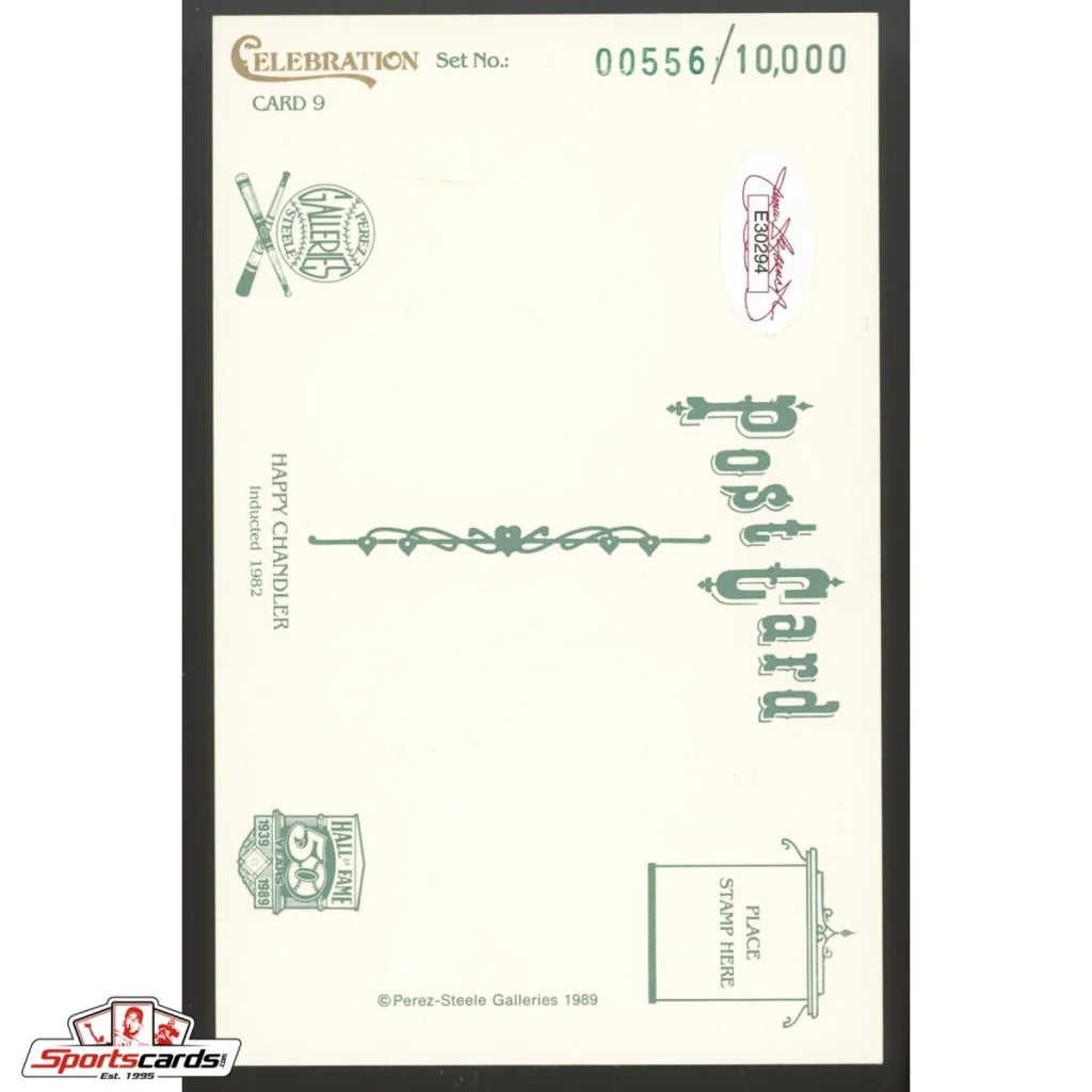Green Happy Chandler signed Perez-Steele postcard, JSA certified