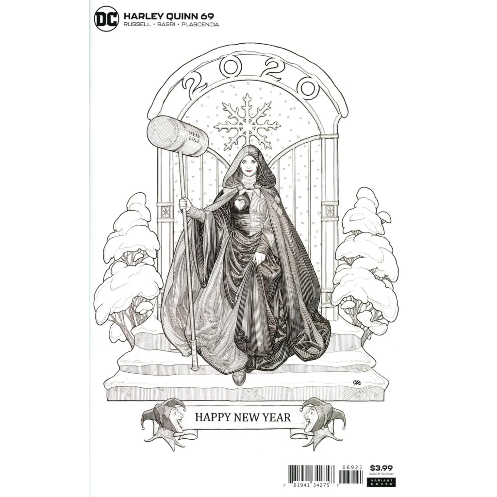 Harley Quinn black-and-white line art with flowing cape, hooded gown, and welcome mallet from issue 69