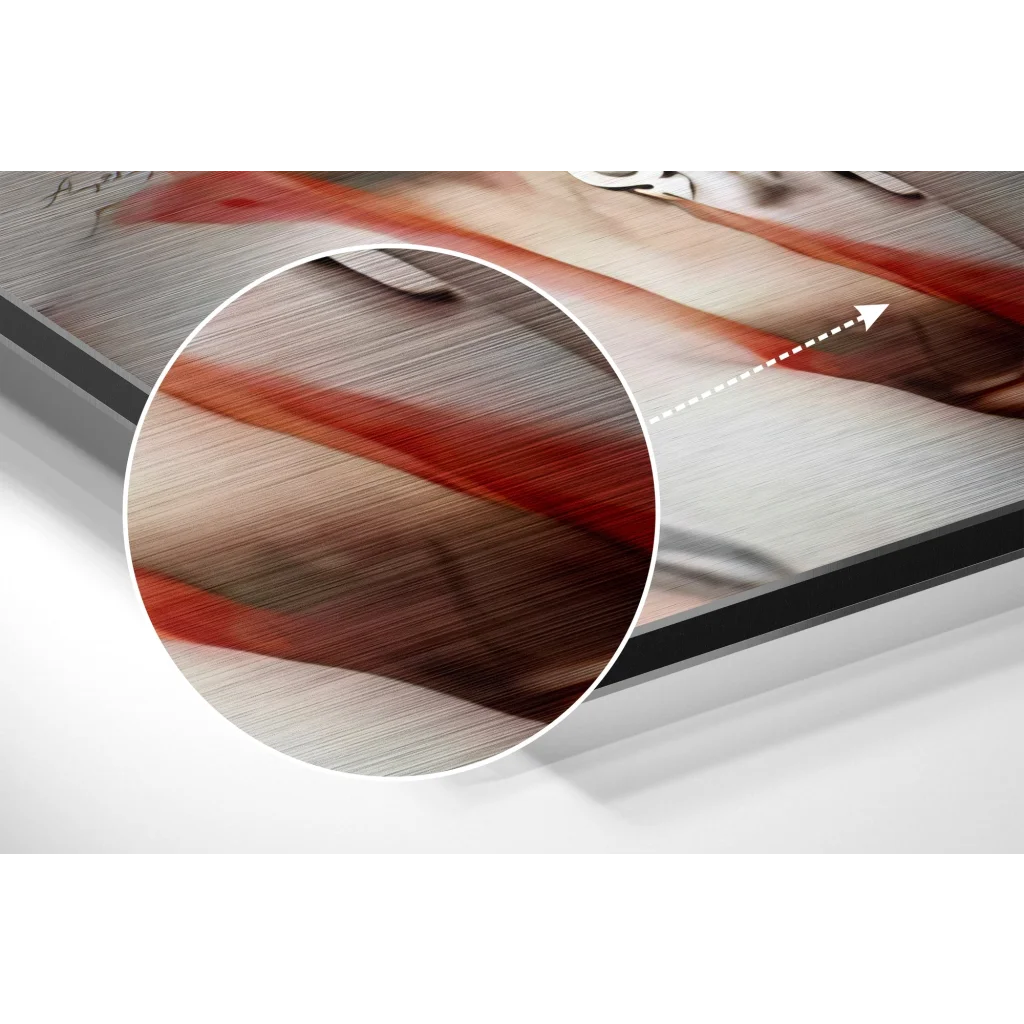 Stunning brushed aluminium dibond abstract canvas art with textured beige, gray, and red-orange brushstrokes