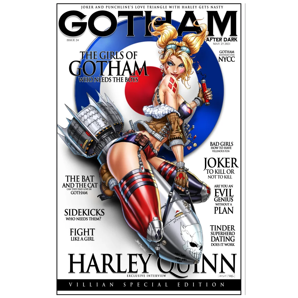 Harley Quinn comic art print on brushed aluminum with striped boots