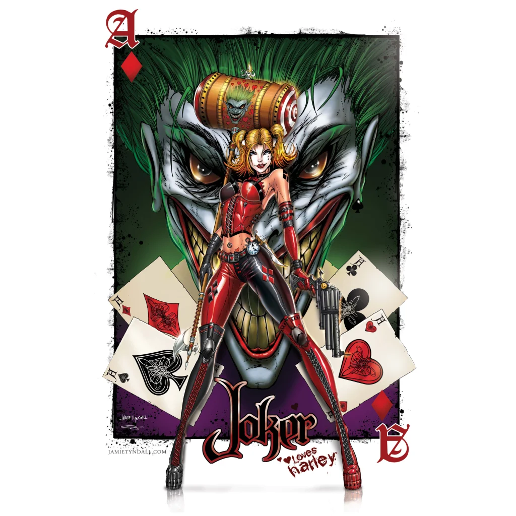 Harley Quinn in red black suit on brushed aluminum ace of diamonds print