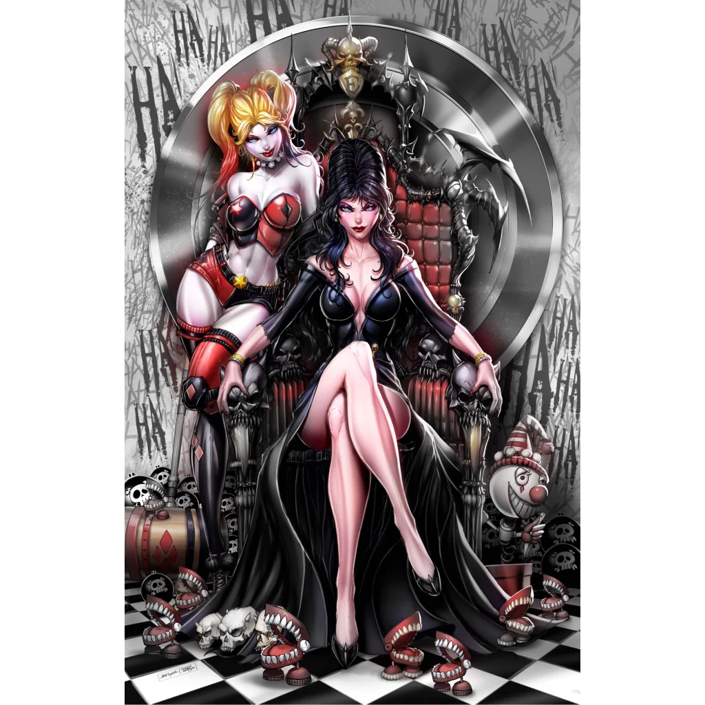 Harley Quinn x Elvira comic cover with gothic throne and skulls