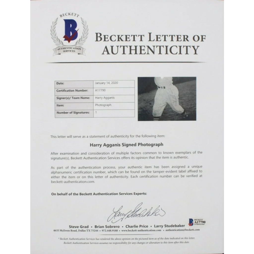 Harry Agganis signed photo with Beckett authenticity, Boston Red Sox legend