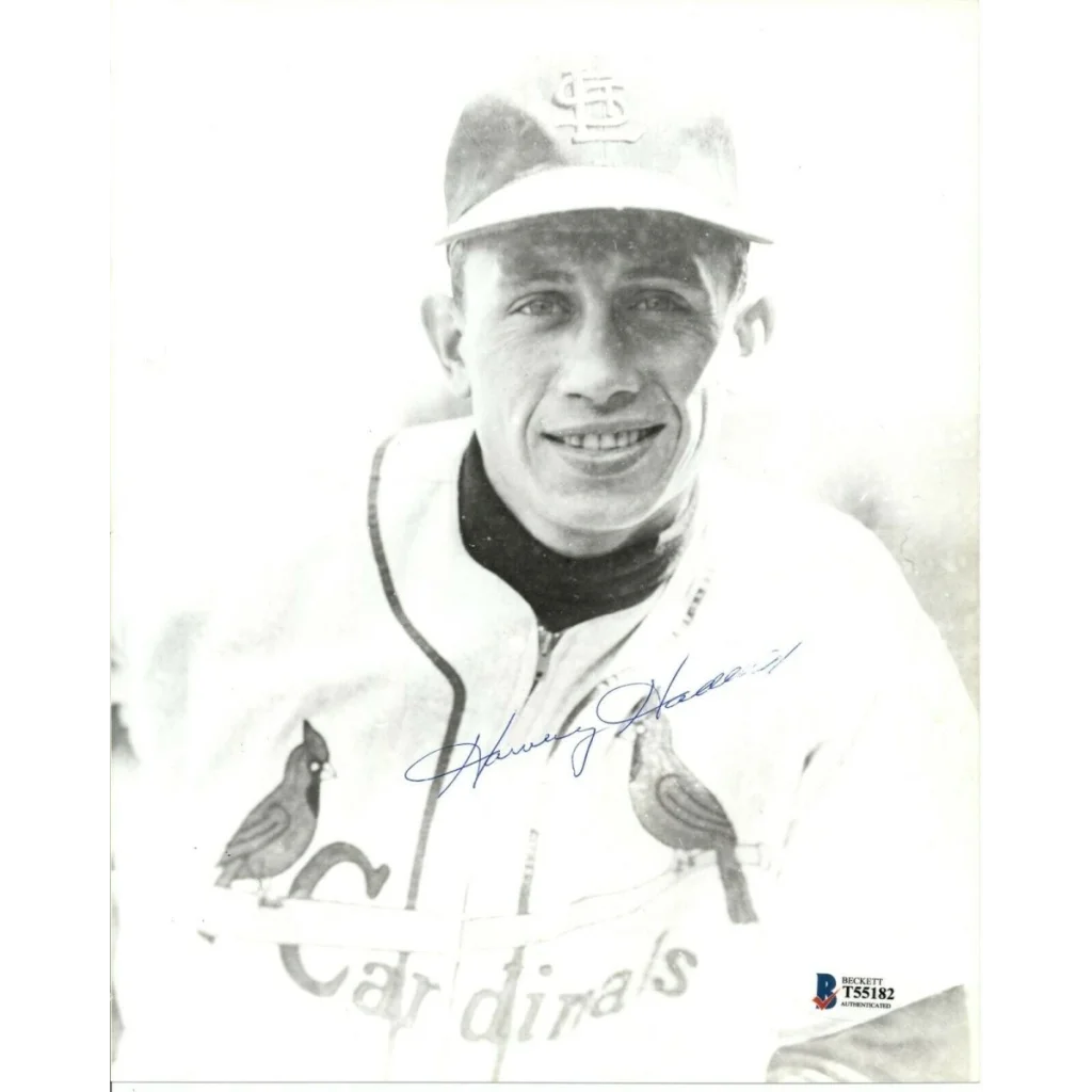 Signed 8x10 photo of Harvey Haddix with Cardinals cap
