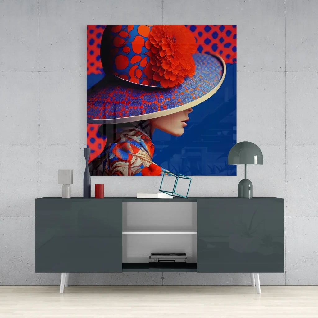Vibrant red blue hat on tempered glass art with orange floral design