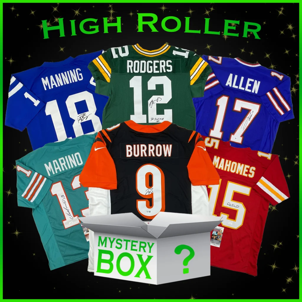 High Roller Autographed Football Jersey Mystery Box with PSA JSA or Beckett COA | Hall of Fame Sports Memorabilia | vintageantiquesgifts.com