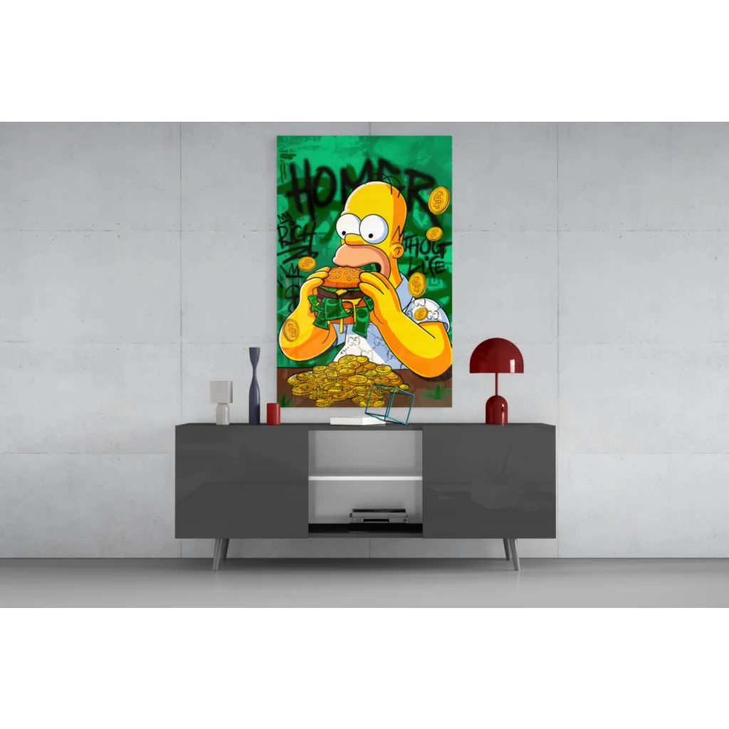 Homer Simpson devouring money burger on vibrant green canvas wall art