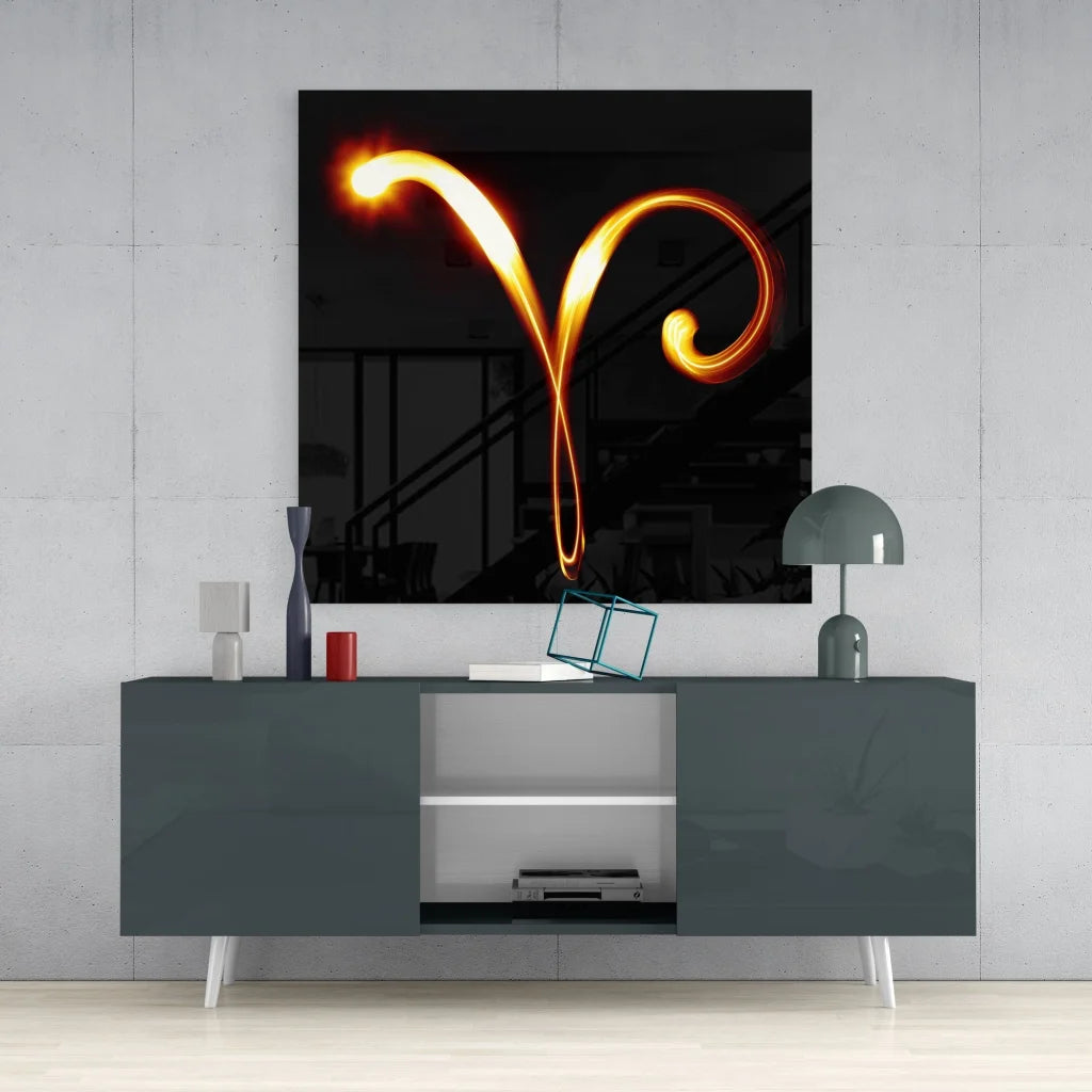 Aries Zodiac Tempered Glass Art with Golden Light Trails | Contemporary Home Wall Art | vintageantiquesgifts.com