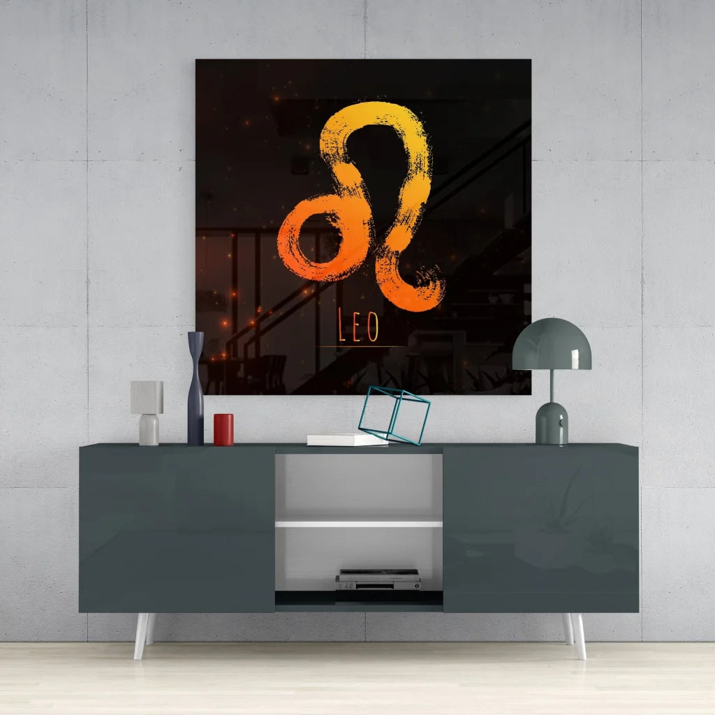 Bold Leo Zodiac Tempered Glass Art in Fiery Orange | Contemporary Home Wall Art | vintageantiquesgifts.com