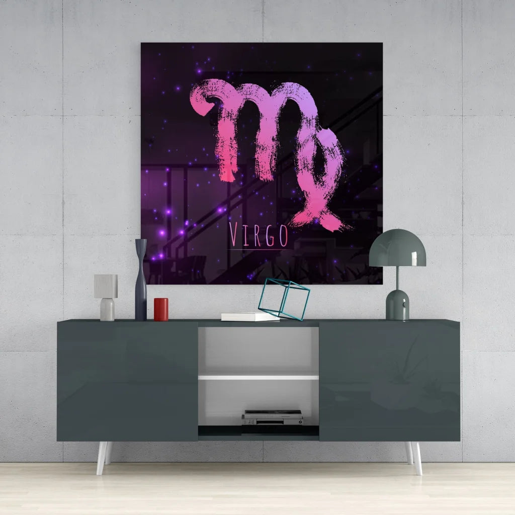 Vibrant Virgo zodiac tempered glass art with pink purple brushstrokes and starry glow