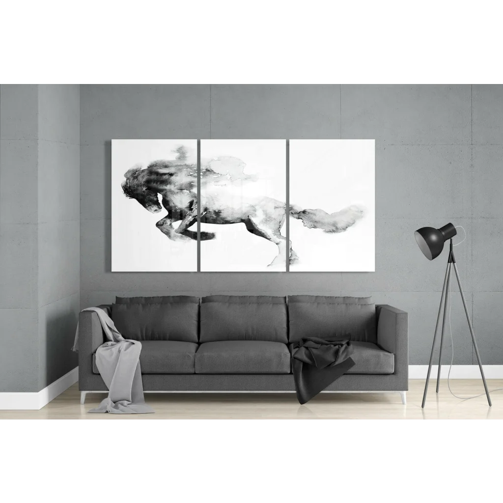 Bold black and white watercolor galloping horse triptych wall art